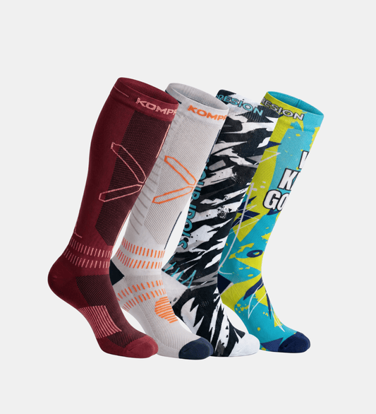 Pack de 4 calcetines de compresión Performance: Red, Orange, Black & White y Blue - Kompresion
